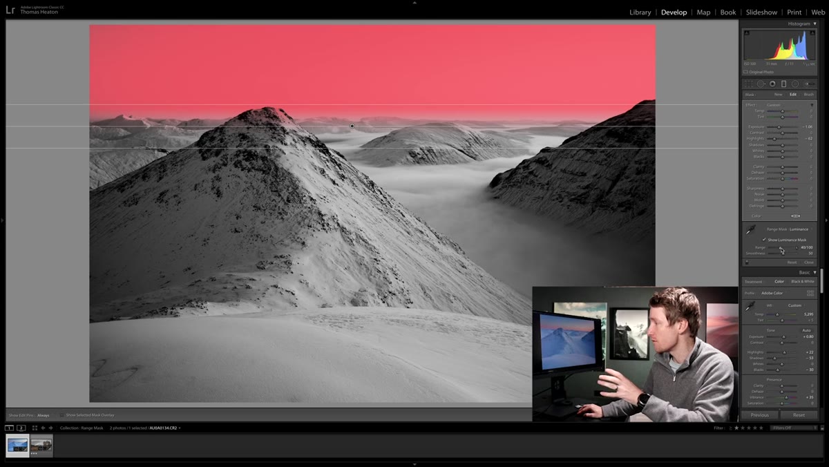 Luminance range slider being adjusted, red overlay shifting