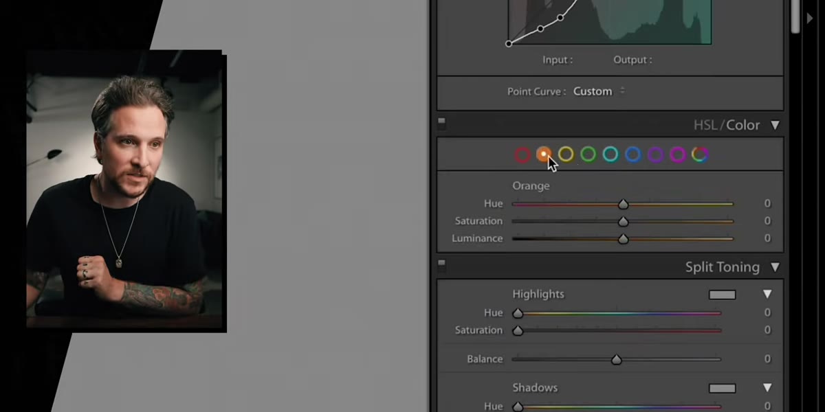 HSL panel open with individual color sliders visible