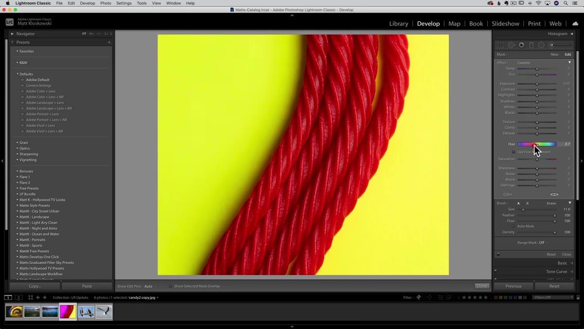 Hue slider being refined after mask is painted, showing color shift on photo