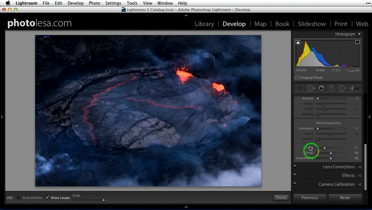 Two noise reduction sliders visible in the Detail panel