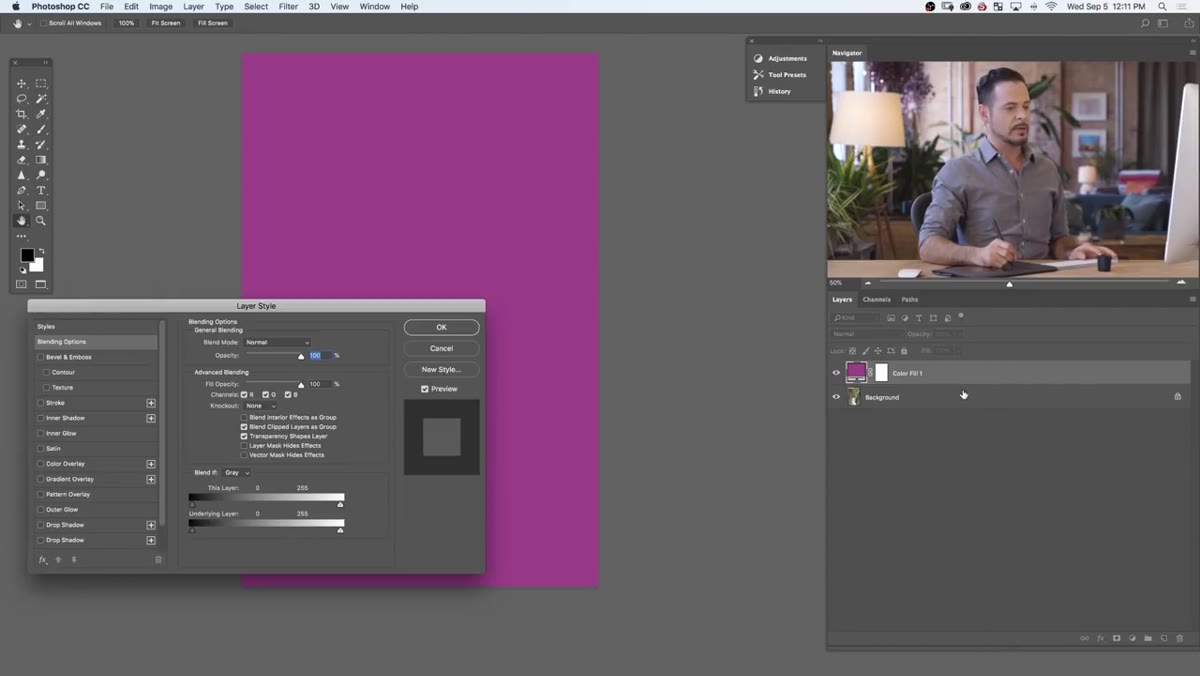 Layer Style dialog open showing Blend If sliders