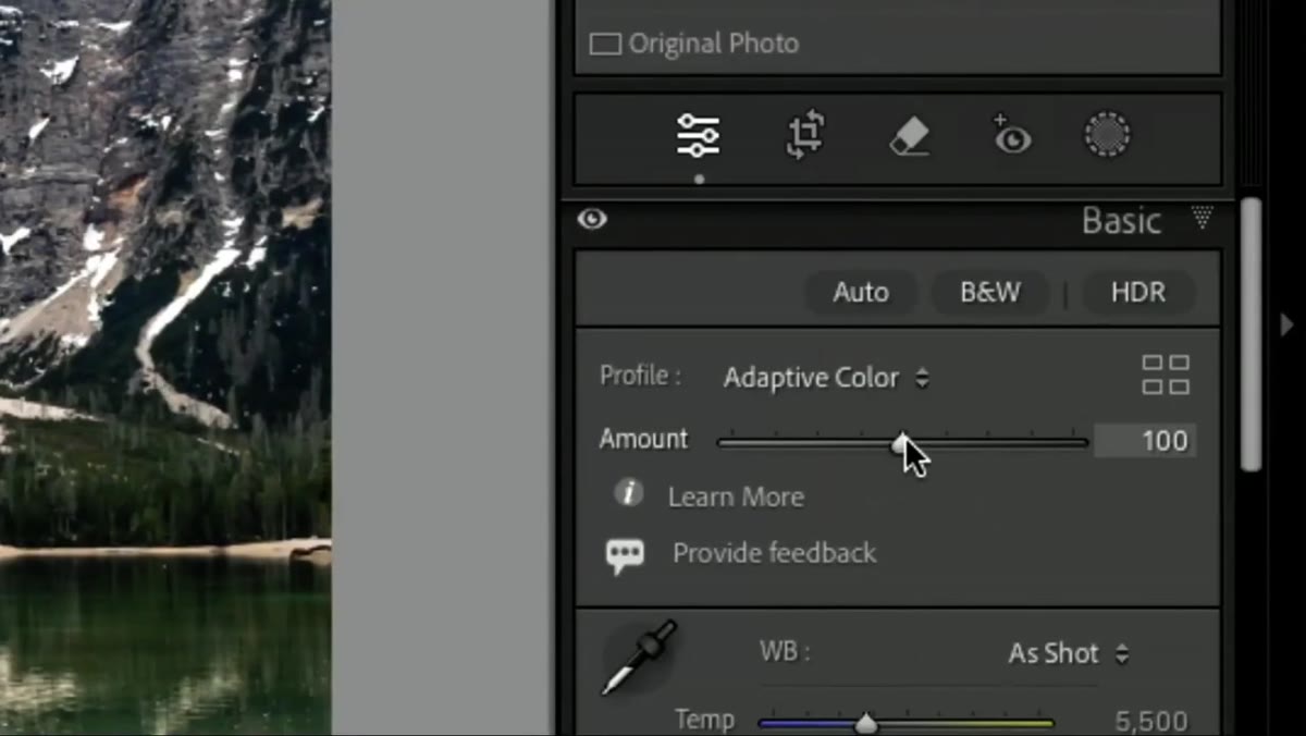 Amount slider beneath the profile controls being adjusted