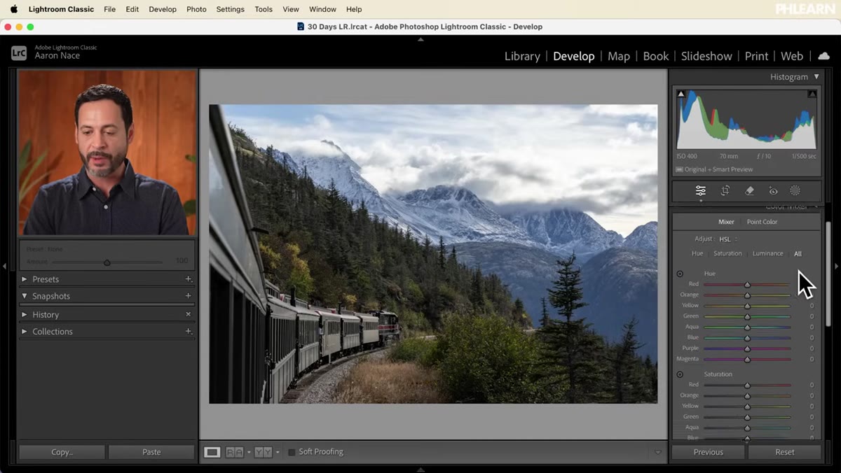 Color Mixer set to All, showing Hue, Saturation, and Luminance rows