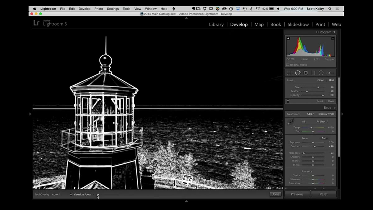 Dust spots visible in high-contrast Visualize Spots mode