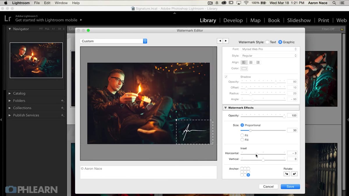 Lightroom menu with watermark preferences dialogue open