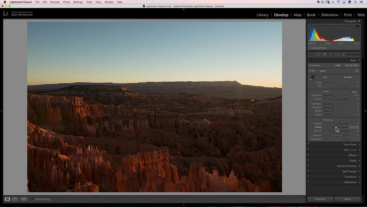 Clarity slider moved to a high positive value on a landscape photo