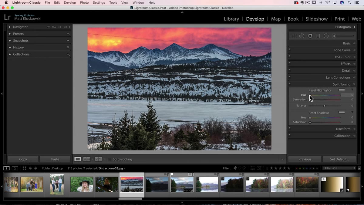 Split Toning panel with Hue slider being dragged, Alt key held showing vivid color tones