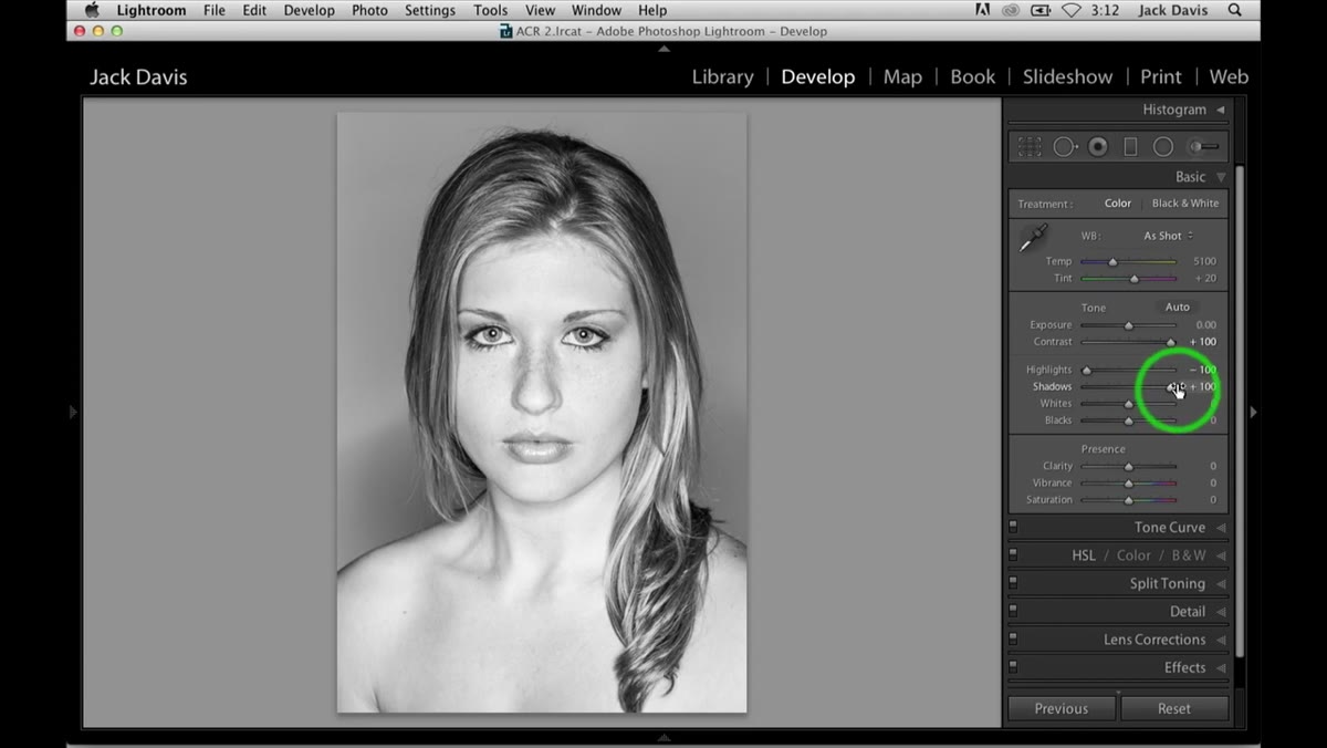 Highlights slider at negative 100 in the Basic panel