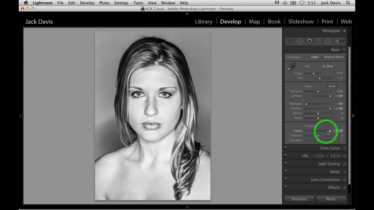 Clarity slider at 100 while portrait image shows strong midtone contrast