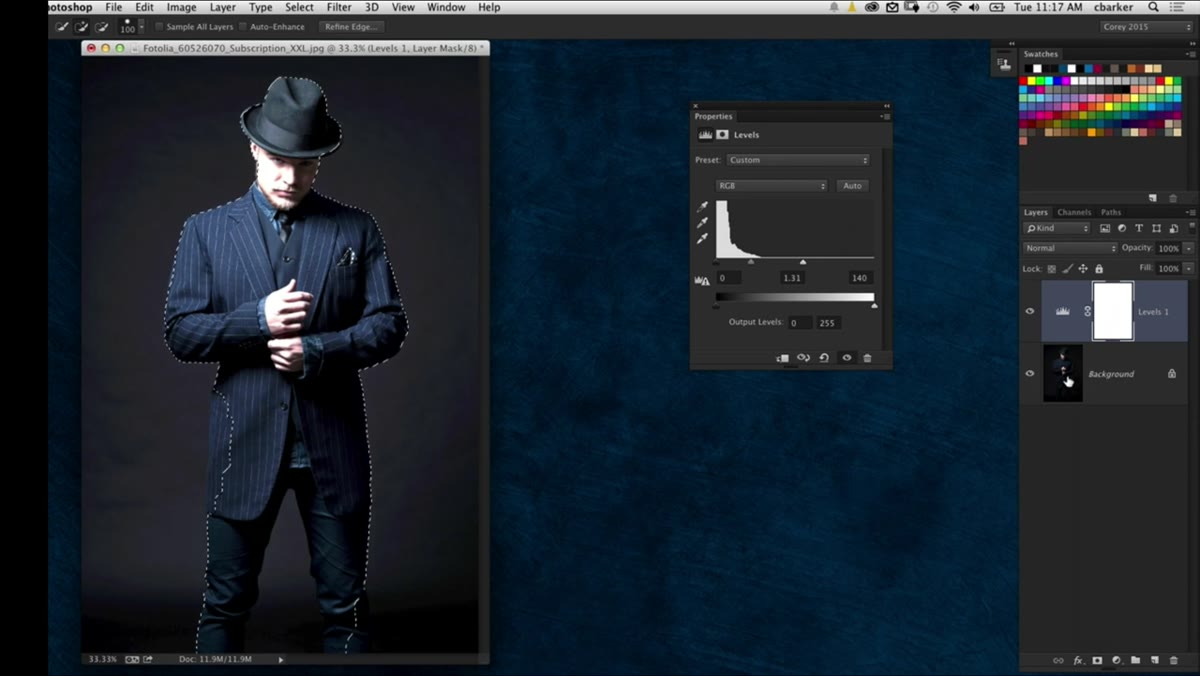 Subject layer selected in panel, Refine Edge dialog opening