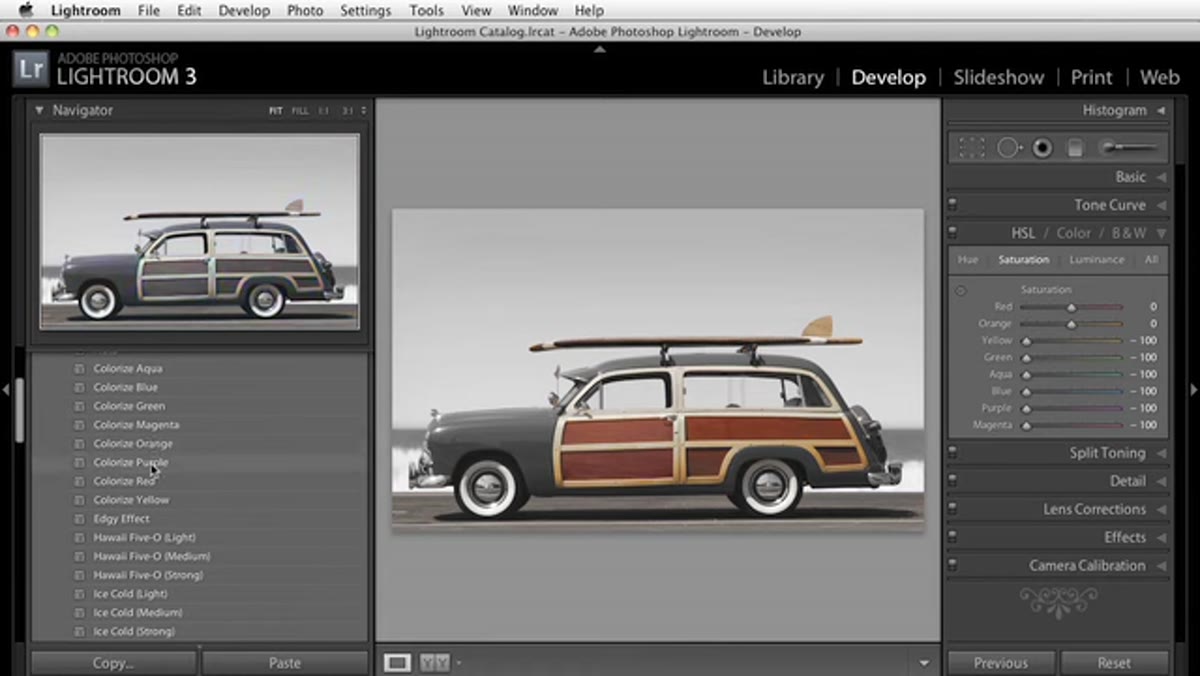 Navigator panel showing live preview while hovering over preset name