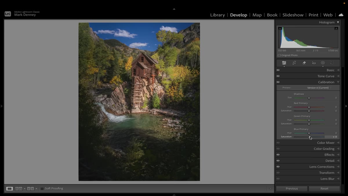 Blue Primary Saturation slider adjusted alongside Hue in Calibration panel