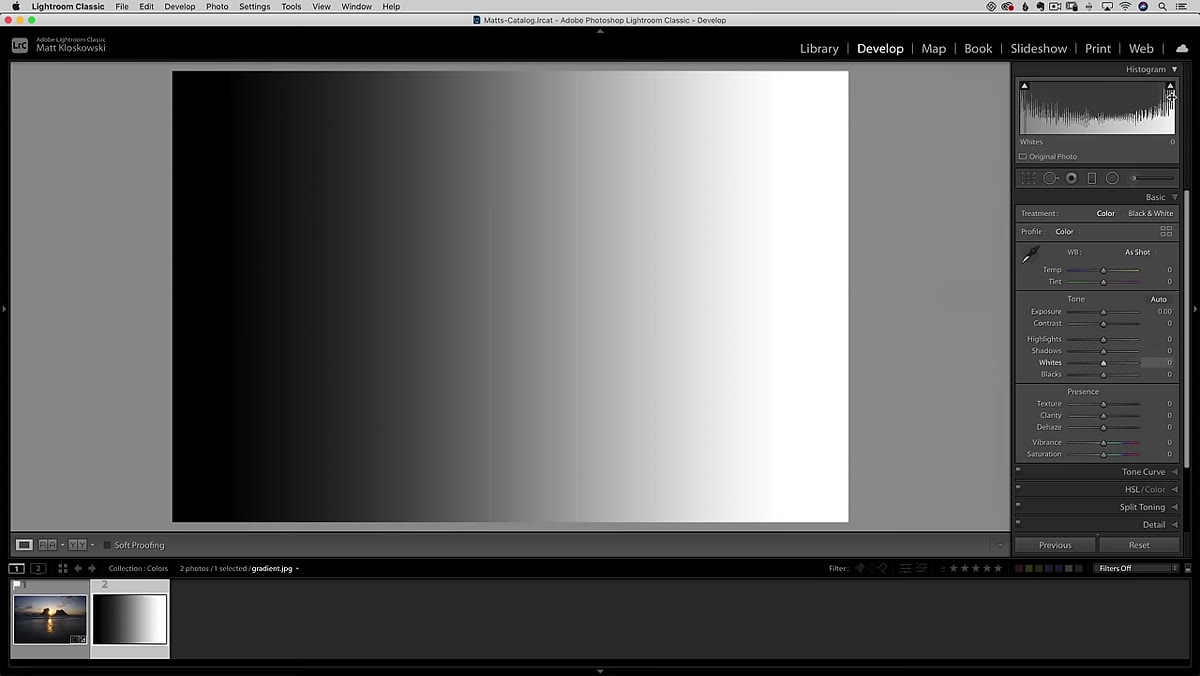 Histogram panel open with highlight clipping triangle highlighted