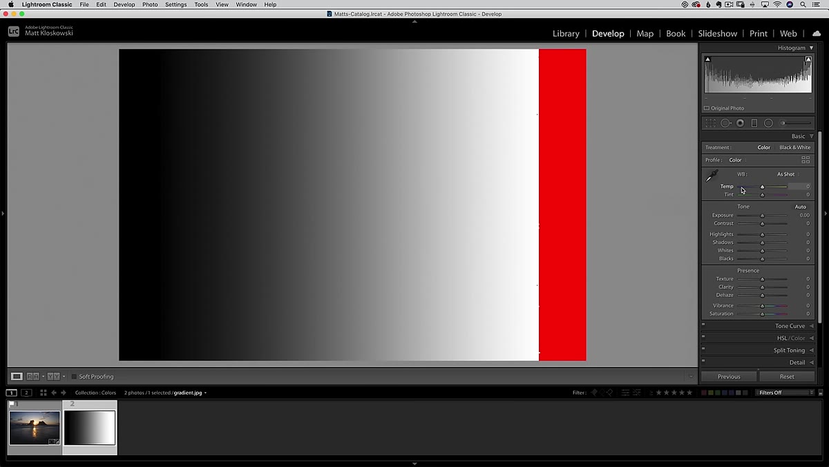 Temperature slider being dragged with histogram shifting visibly