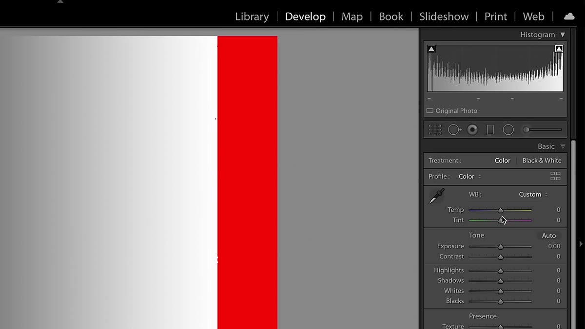 Temperature and Tint sliders returned to zero