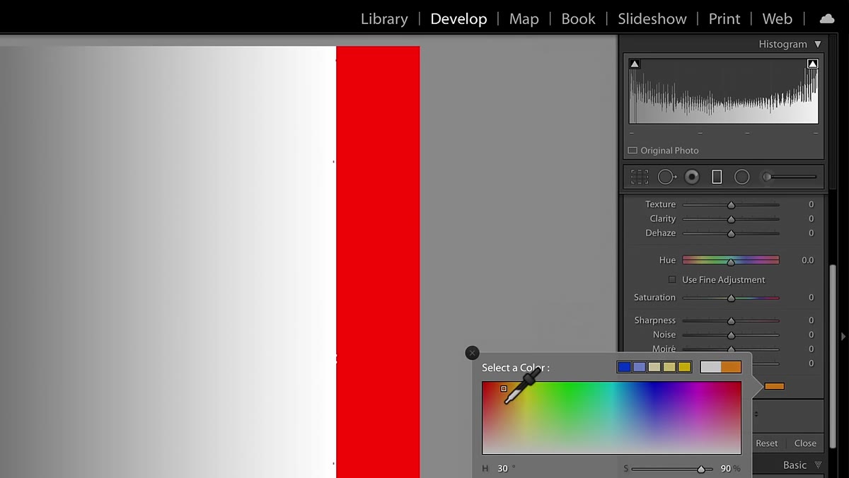 Color picker open with a warm hue selected inside Graduated Filter
