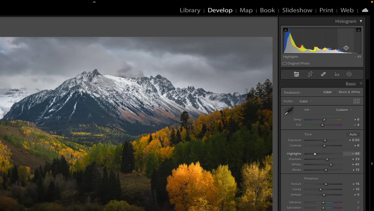 Highlights zone selected, histogram shifting left as value decreases