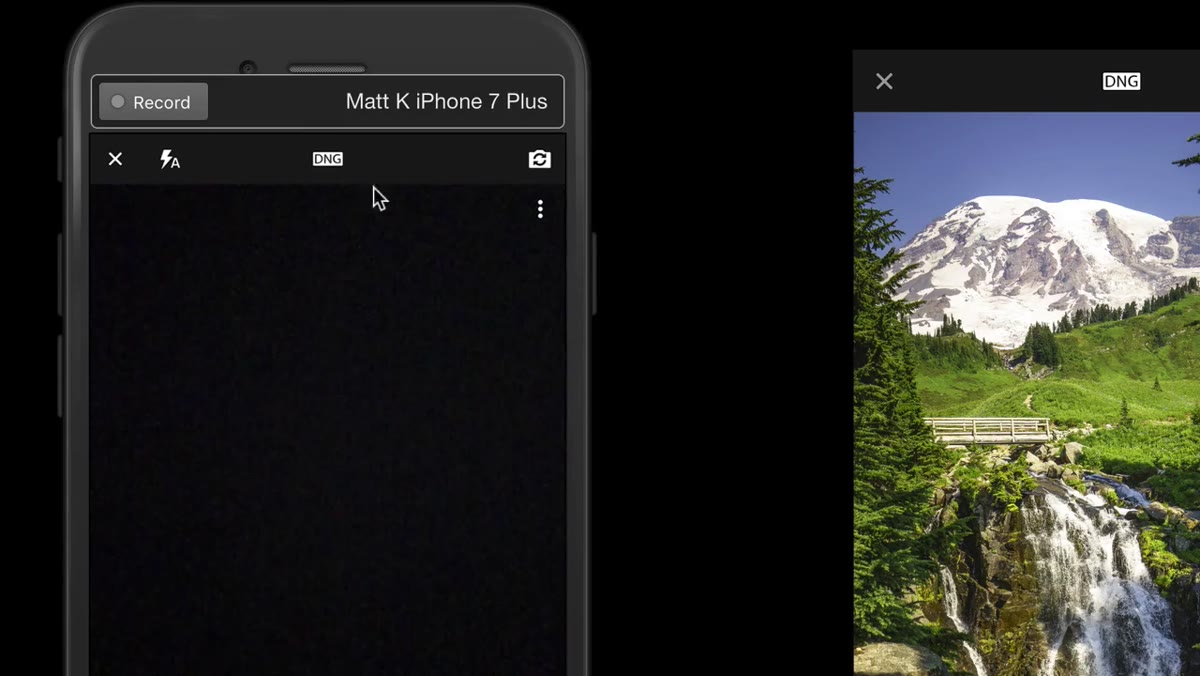 Tapping the DNG/JPEG toggle in the upper center of the screen