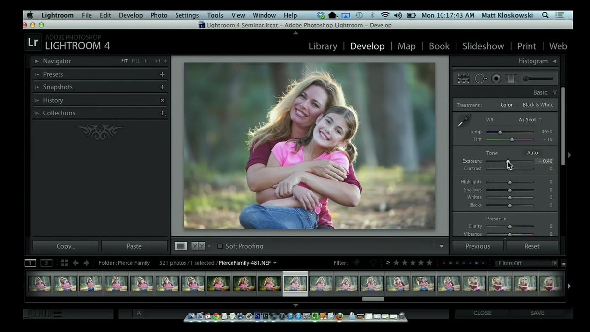 Lightroom Develop module open with a portrait photo