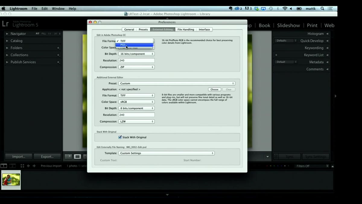 External Editing file format dropdown showing TIFF selected