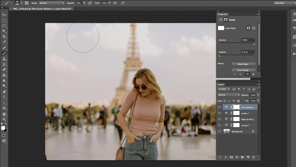 Color Balance layer mask selected, brush tool active with black foreground color