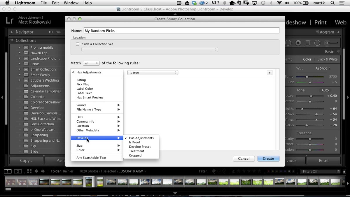 Smart Collection dialogue with Develop adjustments rule selected
