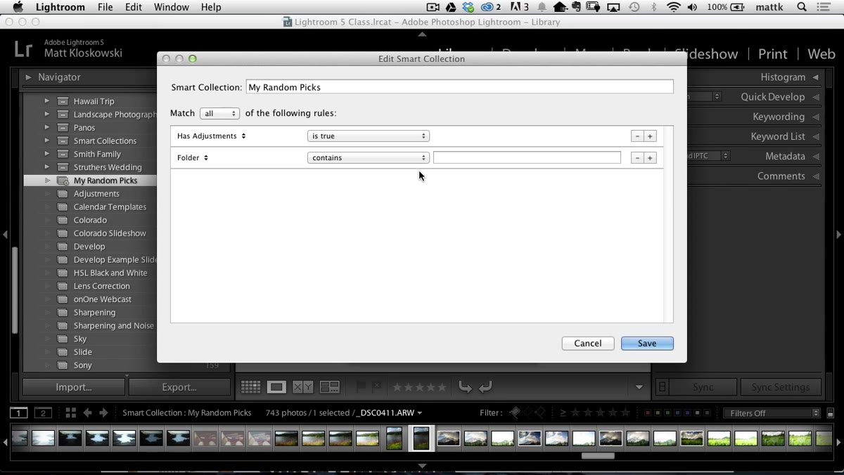 Smart Collection dialogue with Source folder rule added