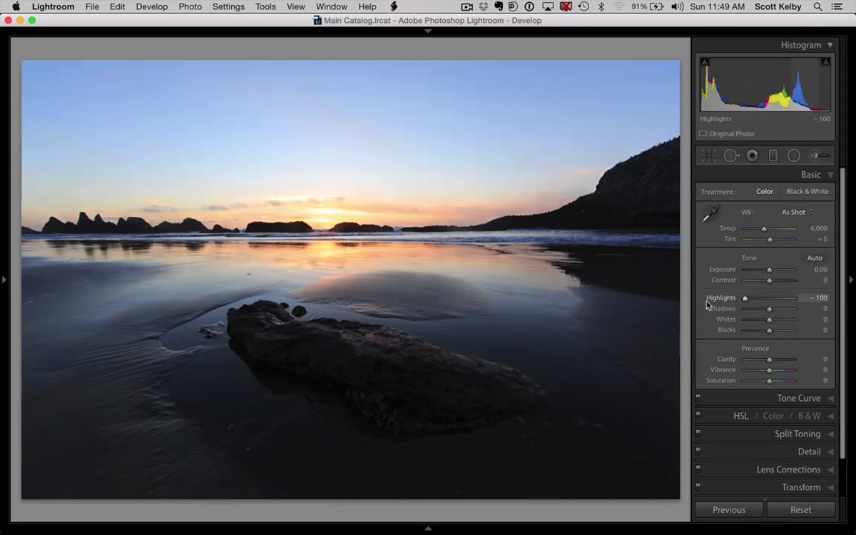 Highlights slider dragged to -100 revealing cloud detail