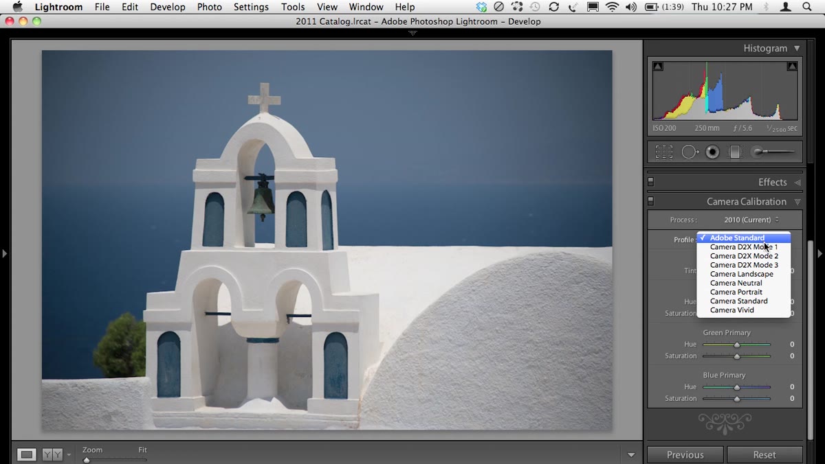 Profile dropdown open, Camera Landscape option highlighted