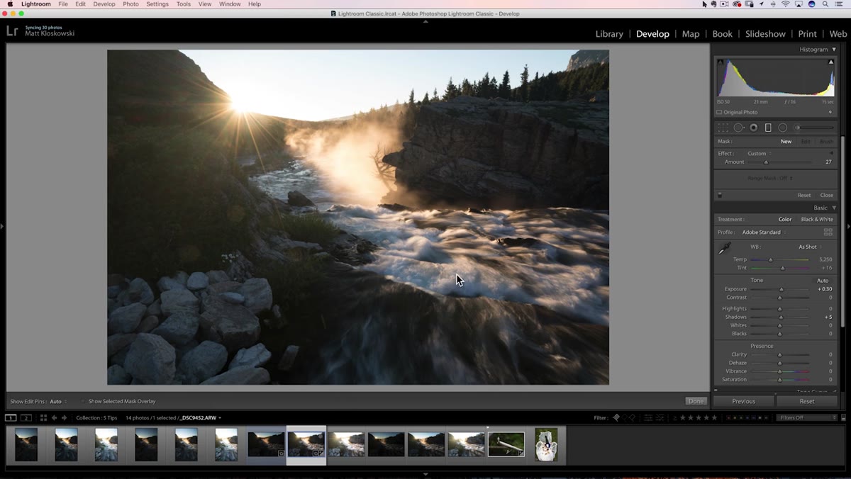 Developed bracketed landscape photo open in Lightroom Develop module