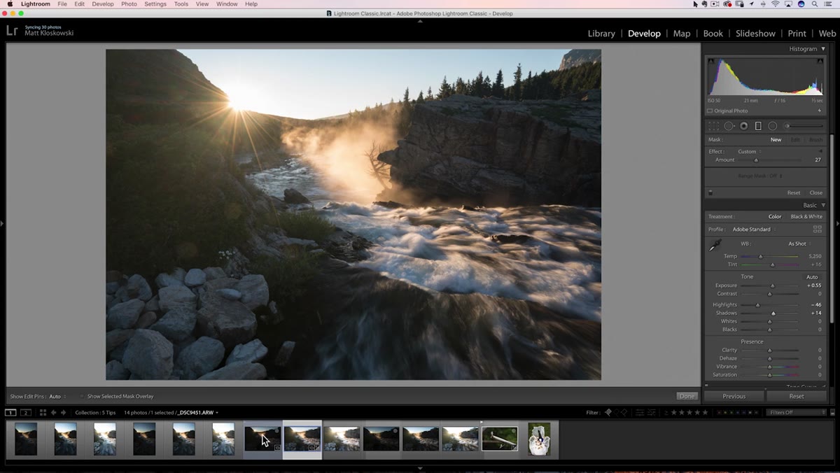 Multiple bracketed photos selected in Lightroom filmstrip