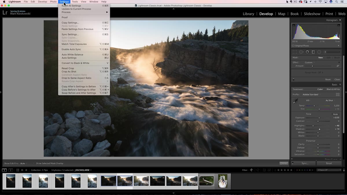 Settings menu open with Match Total Exposures highlighted