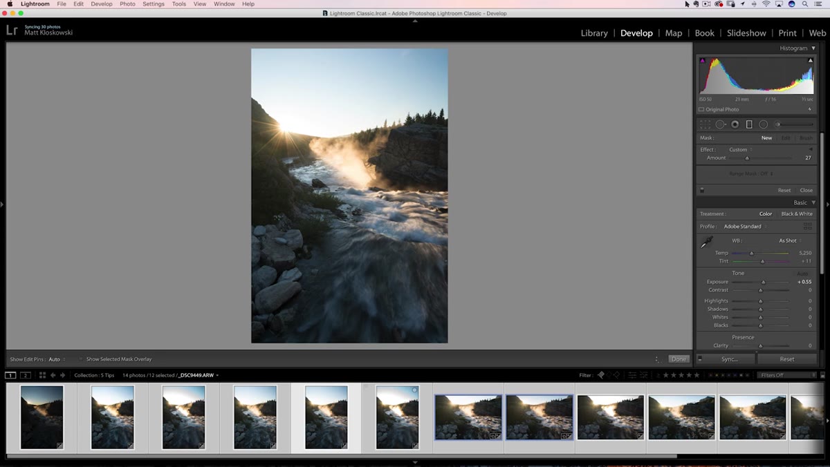 Filmstrip showing multiple bracketed images after exposure matching