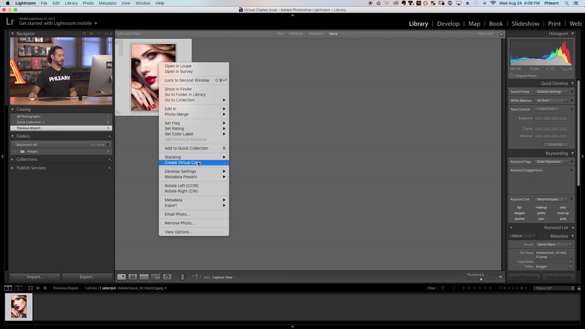 Right-click context menu showing &ldquo;Create Virtual Copy&rdquo; option