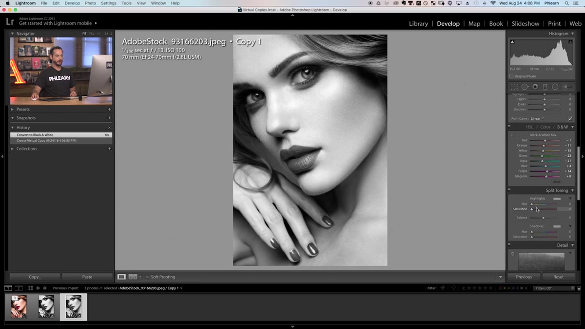 Split Toning panel open with warm highlights and reddish shadows added