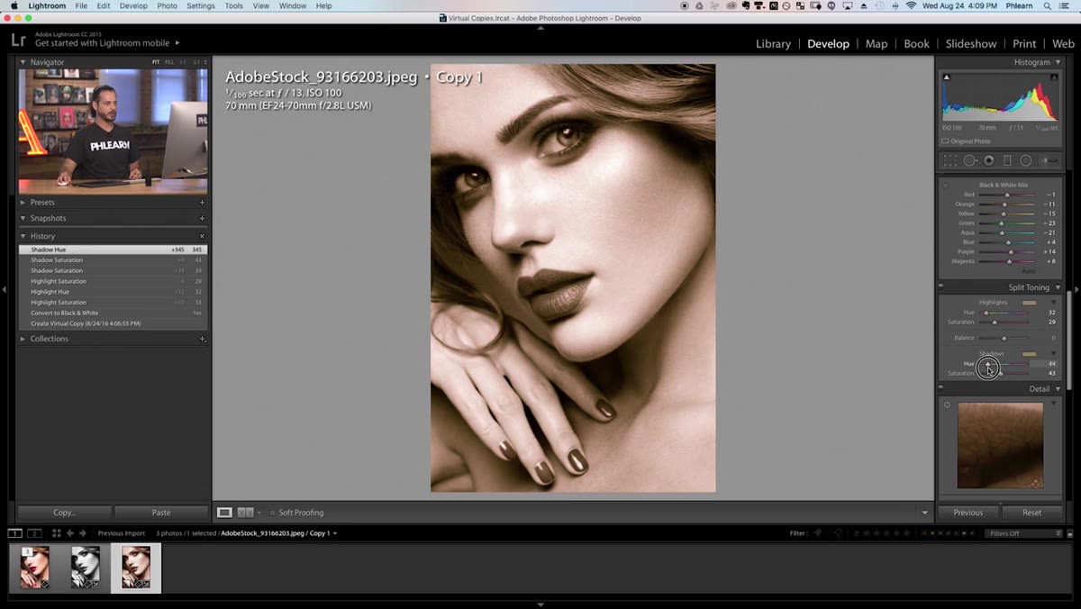 Library grid showing three thumbnail versions of the same image side by side