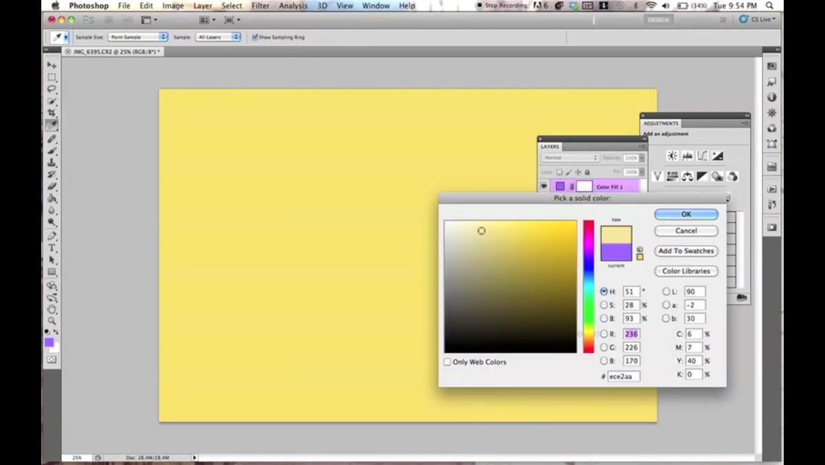 Solid color layer dialog with light yellow selected