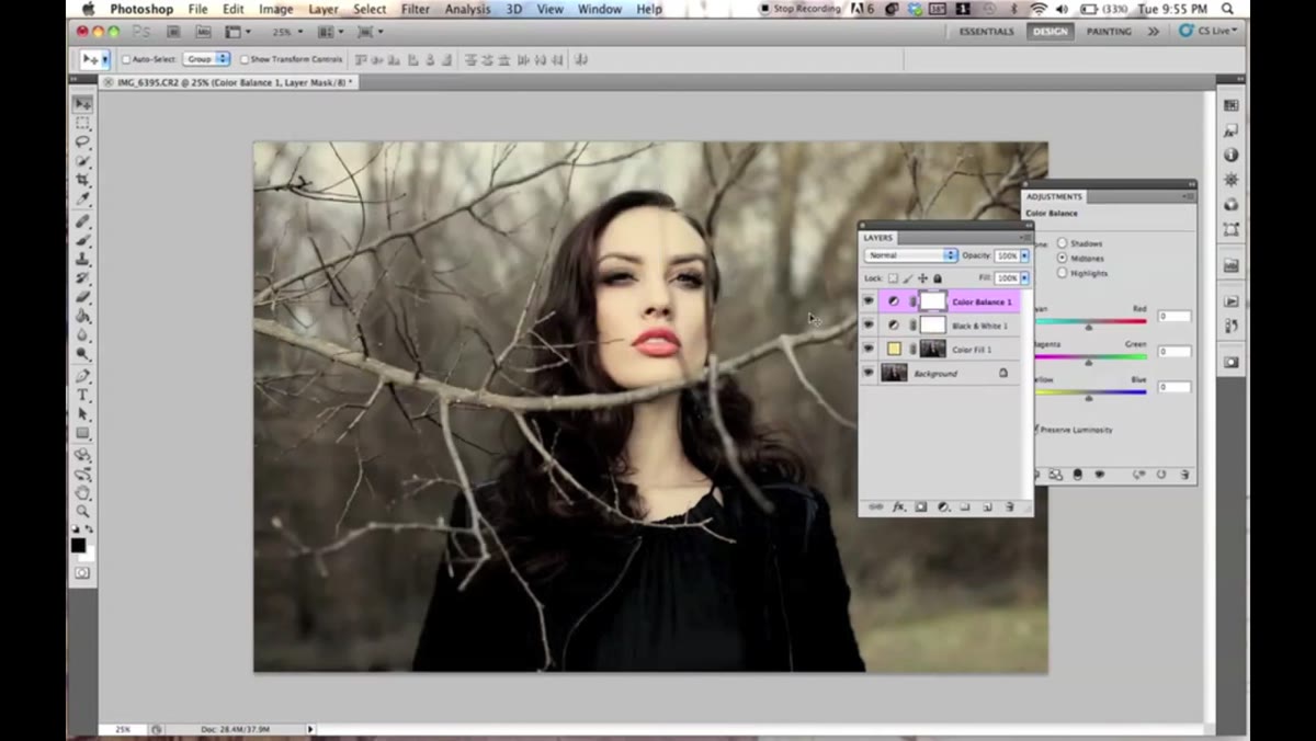 Color Balance panel open, midtones selected, warm sliders pushed right
