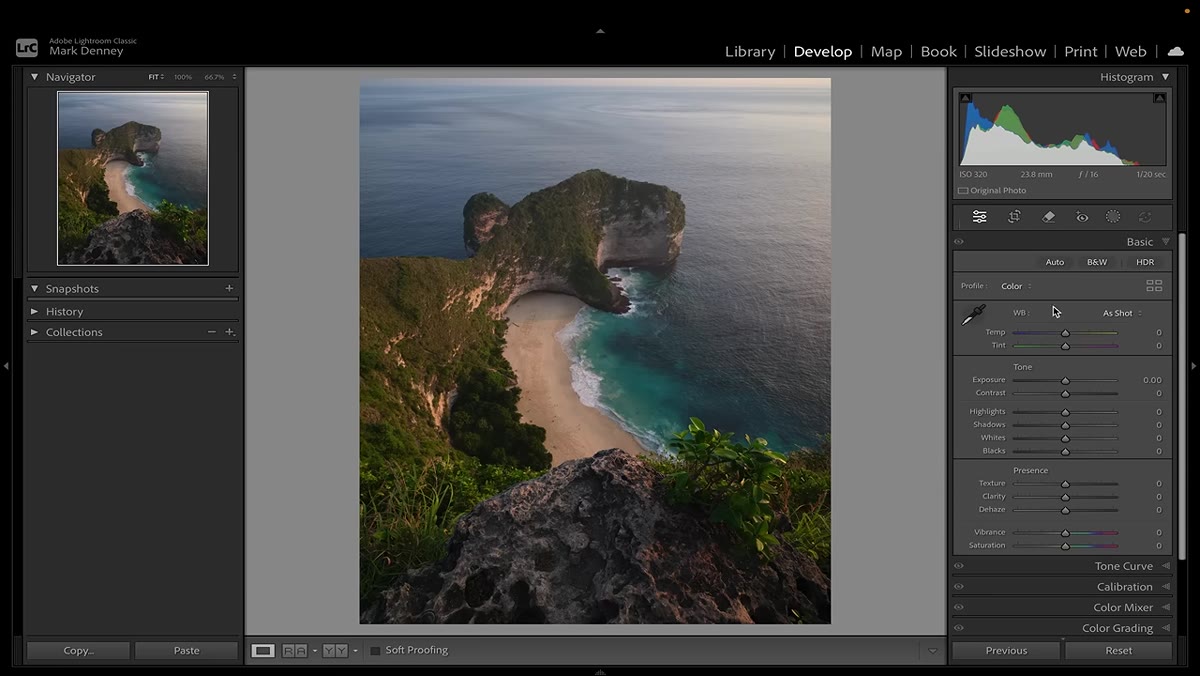 Lightroom histogram and basic panel sliders being adjusted
