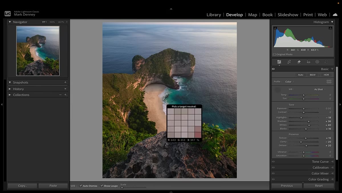 White balance eyedropper tool being used on a neutral area