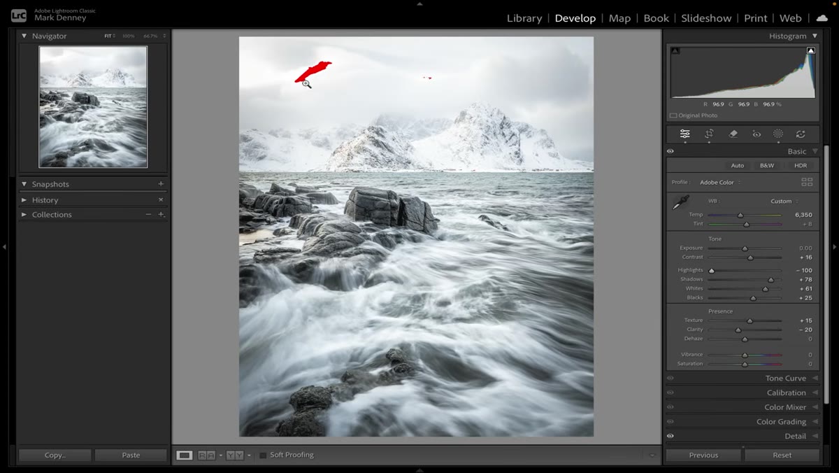 Red clipping overlay visible in upper-left sky area