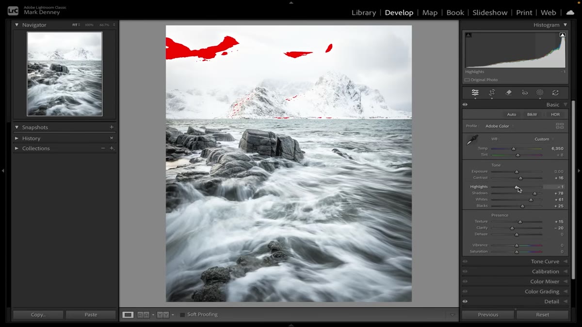 Highlights slider pulled to -100 in Basic panel