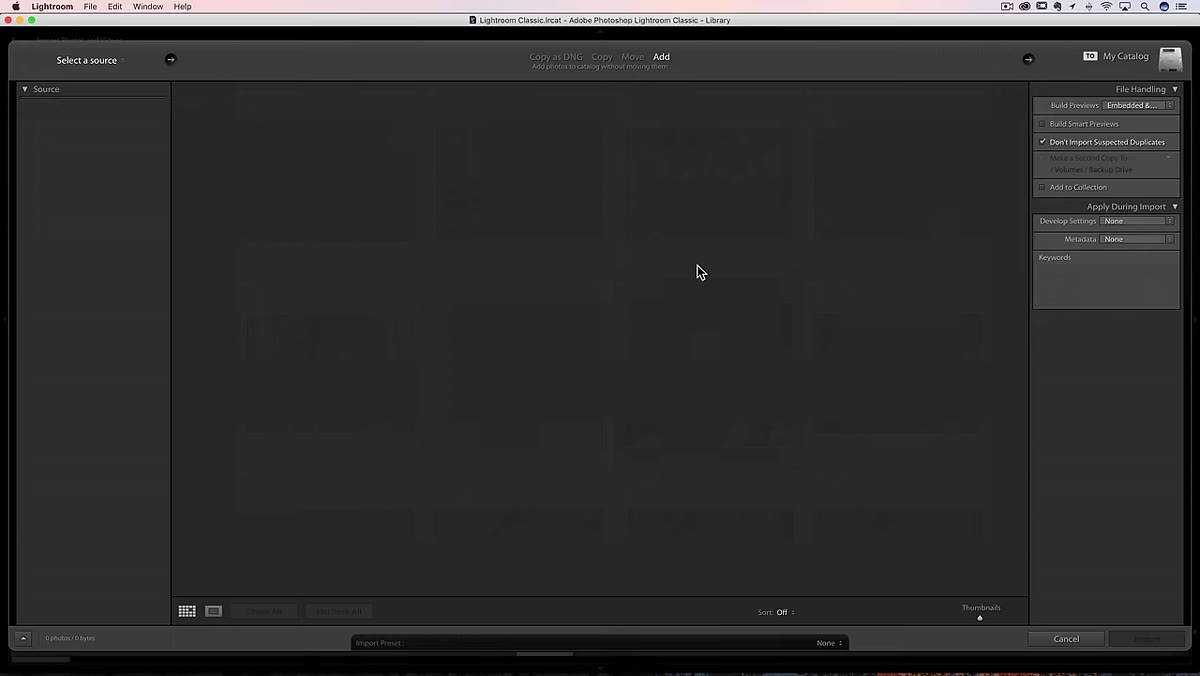 File import dialog open in Lightroom Classic