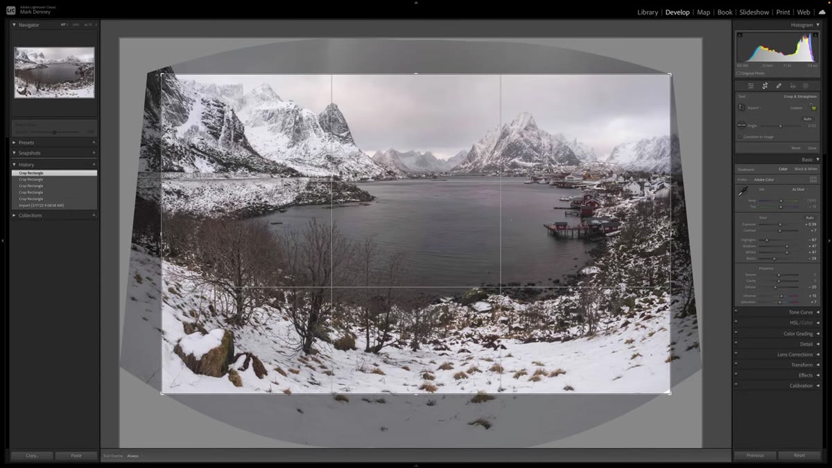Completed panorama DNG open in Develop module, sliders active