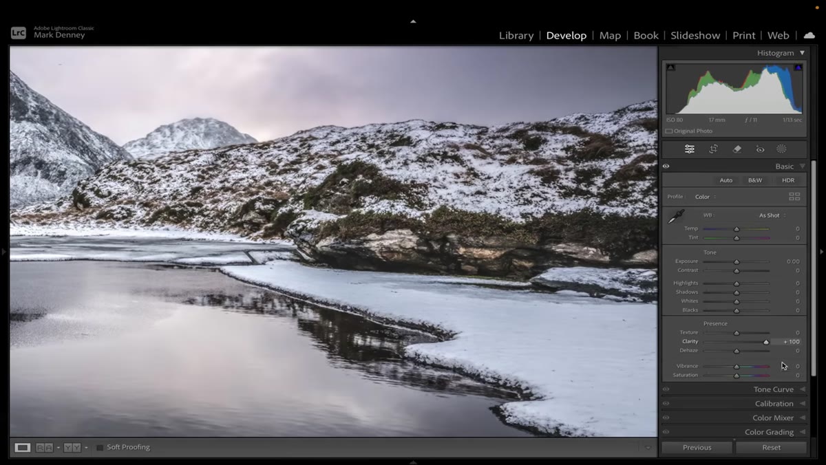 Clarity at +100 showing histogram expansion in midtones