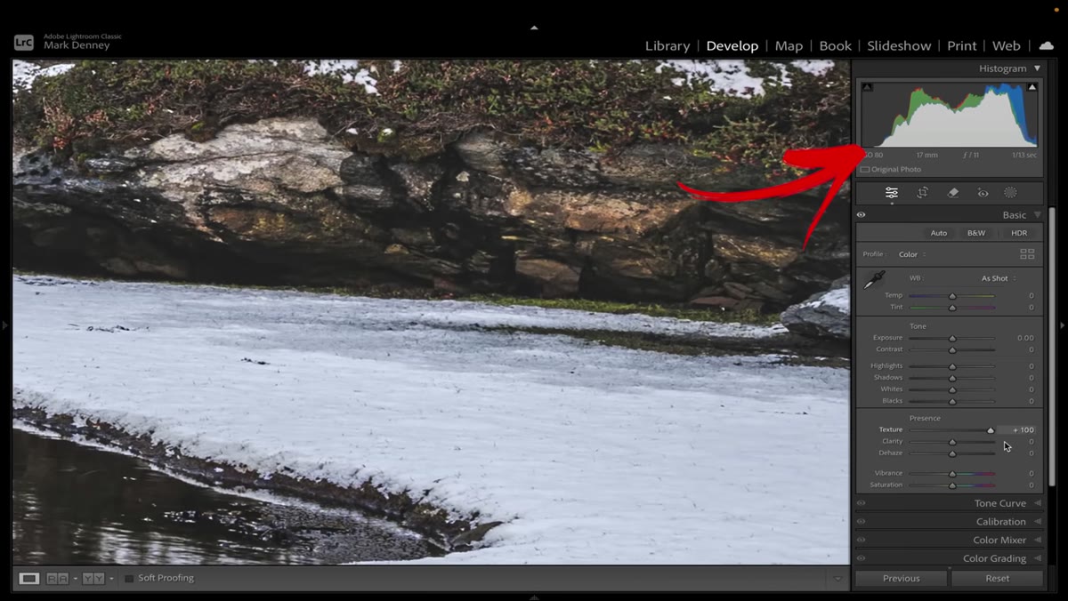 Histogram showing minimal change during Texture adjustments